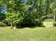 Expansive backyard with lush green lawn, mature trees, and a storage shed, perfect for outdoor activities at 1102 Poplar Ave, Garner, NC 27529