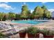 Relax at the community pool, featuring lounge chairs, tables, and meticulously landscaped greenery at 1304 Cozart St # 216, Durham, NC 27704