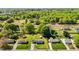 Aerial shot of houses along a street, revealing their lush green lawns and surrounding trees at 1802 Prince Edward Dr, Elon, NC 27244