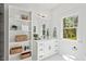 Fresh bathroom features white vanity, stylish mirror, and convenient built-in shelving at 2019 James St, Durham, NC 27707