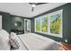 Green bedroom featuring bright windows, hardwood floors, stylish light fixtures and accent furniture at 2019 James St, Durham, NC 27707