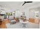 Open-concept living space with hardwood floors, stylish seating, and views into the kitchen and other rooms at 2019 James St, Durham, NC 27707