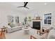 Bright living room with fireplace, ceiling fan, large windows and neutral decor creates a welcoming atmosphere at 2019 James St, Durham, NC 27707