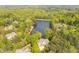 Aerial view of private lake property with wooded surrounding and upscale residences nestled within at 25303 Ludwell, Chapel Hill, NC 27517