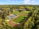 Aerial view of athletic fields including baseball, track, and tennis courts, surrounded by lush trees at 3100 Coachmans Way, Durham, NC 27705