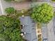 Rooftop aerial view with a gray roof, mature trees, a patio and convenient parking at 3100 Coachmans Way, Durham, NC 27705
