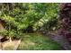 Lush backyard with a retaining wall, mature trees, and greenery for privacy at 3100 Coachmans Way, Durham, NC 27705