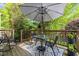 Secluded patio area with patio furniture, an umbrella, and a view of the backyard at 3100 Coachmans Way, Durham, NC 27705