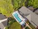 Overhead view of the community pool, complete with lounge chairs, set in a wooded area at 3100 Coachmans Way, Durham, NC 27705