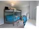 Bright bedroom features a bunk bed, large windows, chandelier, and a vanity at 3219 Ranbir Dr, Durham, NC 27713