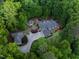 Aerial view of a charming estate surrounded by lush landscaping at dusk, highlighting detached structures at 3513 Forest Oaks Dr, Chapel Hill, NC 27514