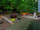 Scenic backyard with stone steps leading to a terraced area with a fire pit and lush landscaping at 3513 Forest Oaks Dr, Chapel Hill, NC 27514