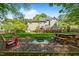 Spacious backyard features an outdoor dining area, fire pit, and lush greenery at 4513 Touchstone Forest Rd, Raleigh, NC 27612