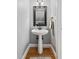 Stylish powder room featuring a pedestal sink, modern mirror, and hardwood floors at 4513 Touchstone Forest Rd, Raleigh, NC 27612