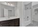 Modern bathroom with a shower, updated vanity, and tile flooring, offering a clean and stylish design at 512 Flip Trl, Cary, NC 27513
