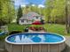 Backyard with above ground pool, outdoor seating, and a large yard at 524 Birdsong Ln, Hurdle Mills, NC 27541