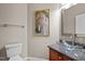 Stylish powder room featuring vessel sink, granite countertop, and decorative painting at 524 Birdsong Ln, Hurdle Mills, NC 27541