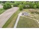 Aerial view of a single story house on a large lot with a long driveway and adjacent farm fields at 66 Privette Way, Zebulon, NC 27597
