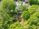 Aerial view of a home surrounded by mature trees and a newly installed fenced-in backyard at 811 Fargo St, Durham, NC 27707