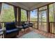 Screened in back porch with wood flooring, dark gray curtains, and wicker furniture with blue cushions at 9016 New Century Rd, Wake Forest, NC 27587