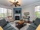 Cozy living room with fireplace, stylish furnishings, hardwood floors, and lots of natural light at 111 Gathering Place Pl, Durham, NC 27713