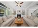 Spacious living room featuring a fireplace with built-in shelving and large windows at 1305 Reservoir View Ln, Wake Forest, NC 27587