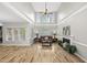 Bright living room with high ceilings, large windows, fireplace, and hardwood floors creating a welcoming space at 2808 Polesdon Ct, Raleigh, NC 27615