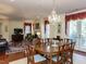 Elegant dining room with a chandelier, fireplace, and views through french doors to a balcony at 2813 Market Bridge Ln # 204, Raleigh, NC 27608
