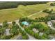 Aerial shot showcases a community pool, surrounded by lush trees and manicured lawns at 308 Sunset Creek Cir, Chapel Hill, NC 27516