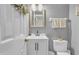 Well-lit half bathroom featuring a modern sink, mirror, and grey walls at 4 W Bridlewood Trl, Durham, NC 27713