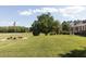 Large manicured lawn with mature trees, landscaping, and the American flag at 481 Firetower Rd, Louisburg, NC 27549