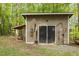 Backyard shed with various outdoor tools displayed on the exterior at 6121 Kelvin Dr, Durham, NC 27712