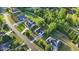 Aerial view of a neighborhood featuring well-maintained homes, lush greenery, and scenic streetscapes at 72 Cokesbury Park Ln, Fuquay Varina, NC 27526