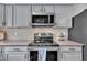 Modern kitchen showcasing stainless steel appliances, gray cabinets, and granite countertops at 7383 Sandy Creek Dr, Raleigh, NC 27615