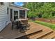 Backyard deck featuring an outdoor dining set, providing a perfect space for relaxation and entertaining at 1005 Thorncroft Ln, Apex, NC 27502