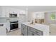Open kitchen featuring white cabinets, grey island, and stainless steel appliances at 1514 Goodwin Rd, Durham, NC 27712