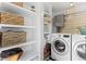 Bright laundry area features modern washer and dryer, storage shelves and decor at 1835 Pearidge Rd, Angier, NC 27501