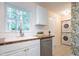 Kitchen featuring wood counters, white cabinets, stainless dishwasher and citrus wallpaper at 2506 N Duke St, Durham, NC 27704