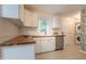 Kitchen with wood counters, white cabinets, stainless dishwasher and fun citrus wallpaper at 2506 N Duke St, Durham, NC 27704