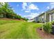 Spacious backyard with healthy lawn, bordered with mulch beds and green shrubs at 518 Judge Ct, Durham, NC 27703