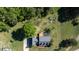 Lush backyard aerial view with a deck, mature trees, garden plots and manicured lawn at 530 Turlington Rd, Dunn, NC 28334