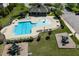 Aerial shot of community amenities featuring a pool, playground, and picnic area at 6 Dawson Ct Ct, Durham, NC 27703