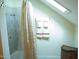 Bathroom features a shower with tile surround, a skylight, fresh white towels, and a wicker hamper at 7371 Leasburg Rd, Roxboro, NC 27574