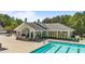 Exterior view of the pool house with a view of the pool and a large open patio space at 5113 Windance Pl, Holly Springs, NC 27540