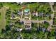 Aerial view of a neighborhood showcasing landscaped yards, mature trees, and homes surrounding a central property at 10 Twinleaf Pl, Durham, NC 27705