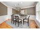 Elegant dining room with a modern chandelier, wainscoting and stylish decor at 10 Twinleaf Pl, Durham, NC 27705