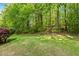 Backyard with manicured lawn is bordered by a wooded area at 108 Woodglen Dr, Cary, NC 27518