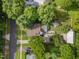 Aerial view of the property showcasing the mature trees, backyard, and neighborhood at 109 N Hassel St, Hillsborough, NC 27278
