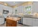 Well-lit kitchen featuring gray cabinetry, stainless appliances, and butcher block island at 109 N Hassel St, Hillsborough, NC 27278