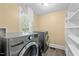 Laundry room with a side-by-side washer and dryer, a large window, and shelving at 109 N Hassel St, Hillsborough, NC 27278
